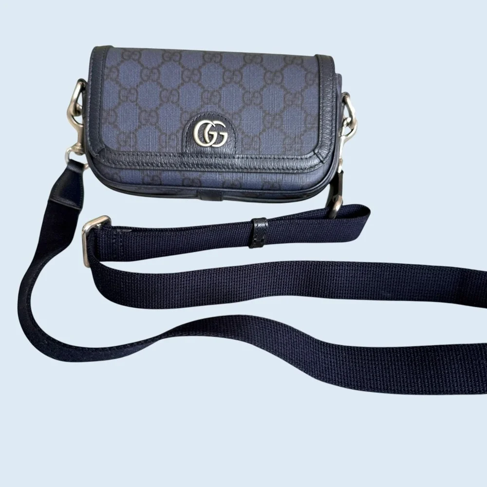 Gucci Ophidia Super Mini Shoulder Bag Navy Blue GG Supreme canvas, NEW 795466